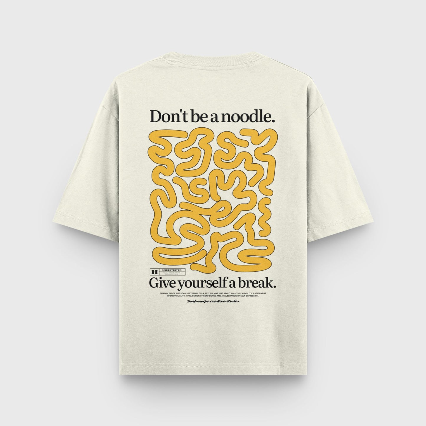 Beige t-shirt with yellow graphic and text on a white background