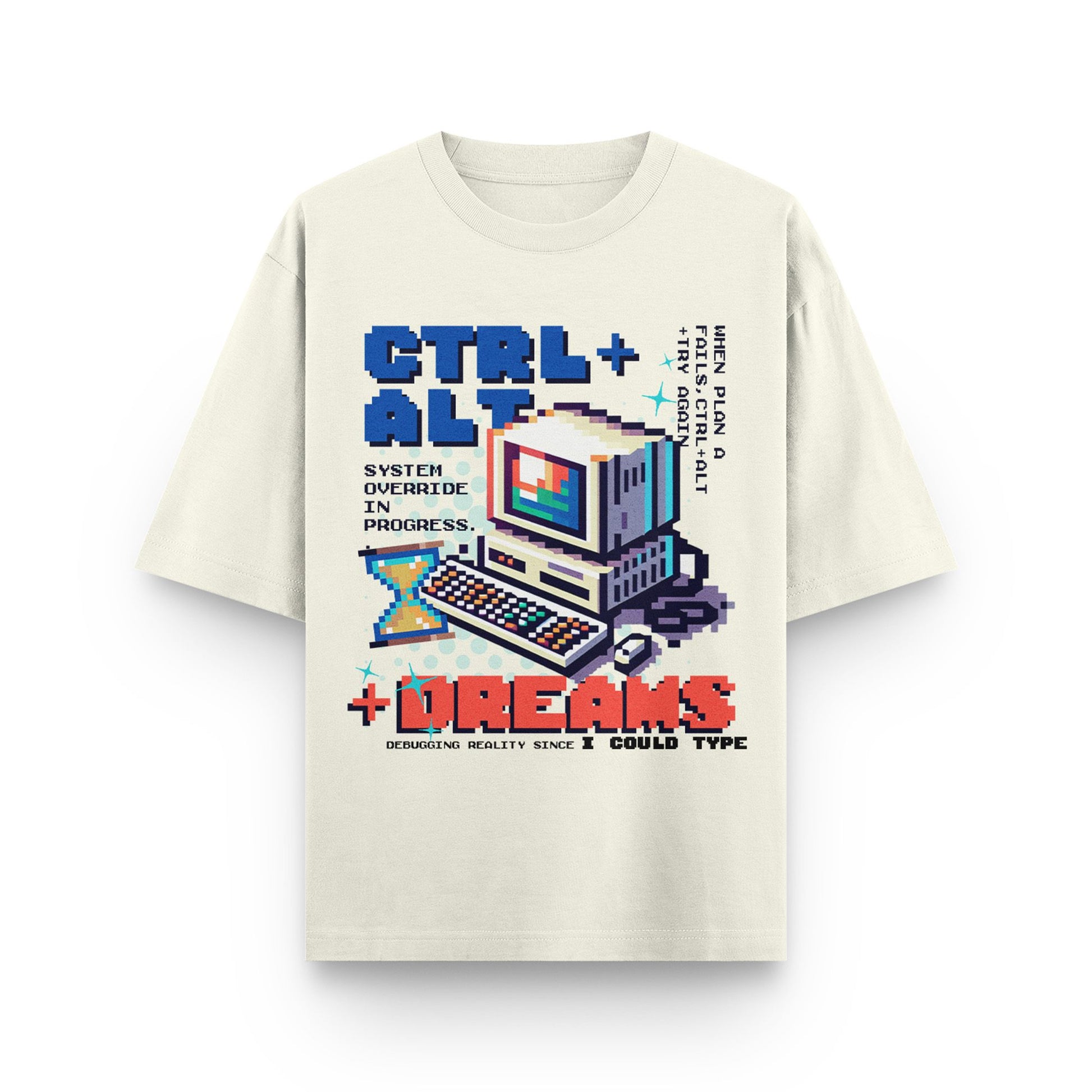 Beige t-shirt with a retro computer graphic and text on a white background