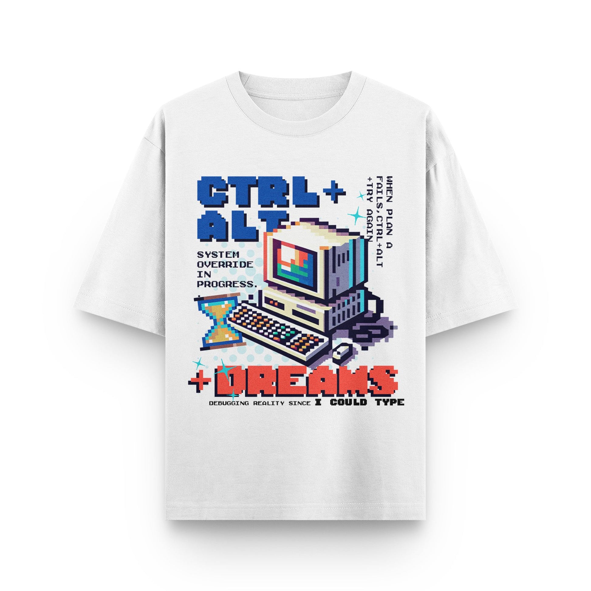 White t-shirt with a retro computer graphic and text on a white background