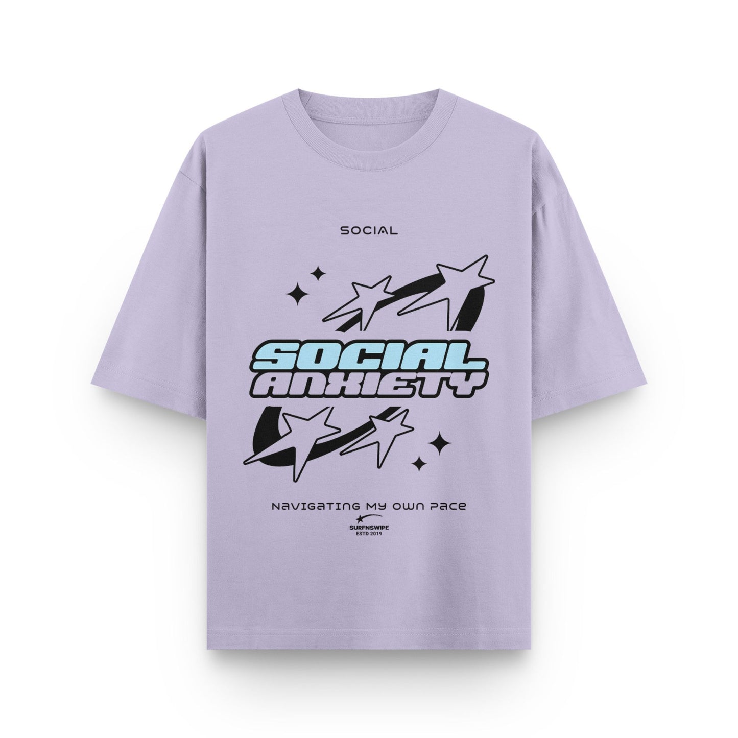 Light purple t-shirt with graphic design and text on a white background