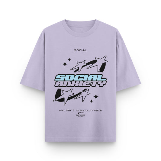 Light purple t-shirt with graphic design and text on a white background