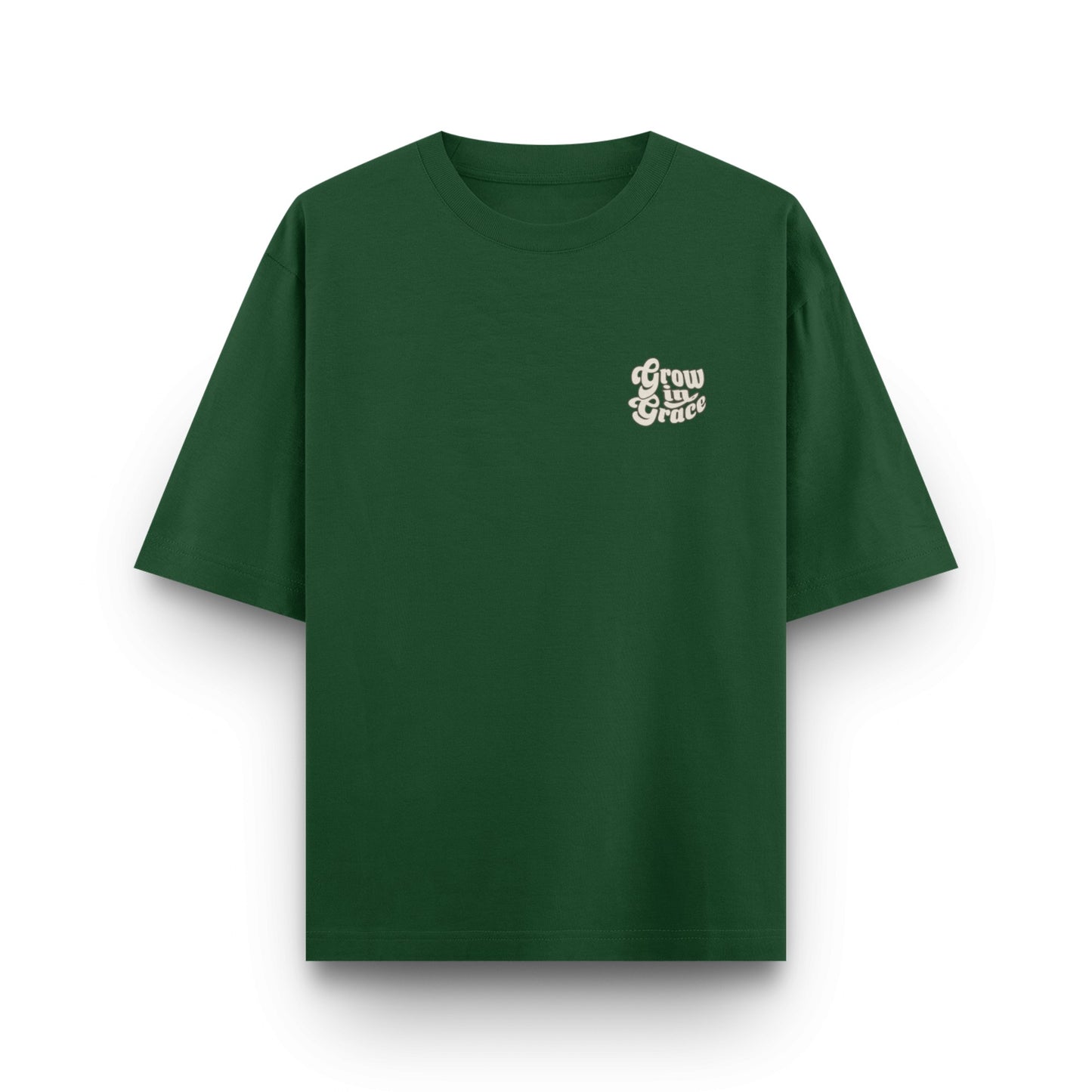 Green t-shirt with white text Grow in Grace on a white background