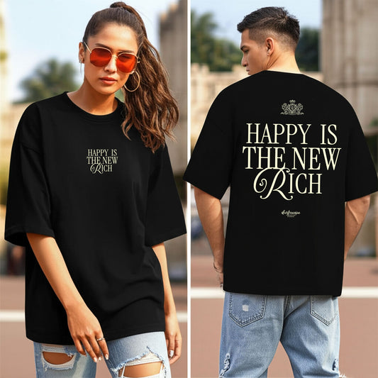 Two people wearing black t-shirts with 'Happy is the New Rich' text, one front view and one back view.