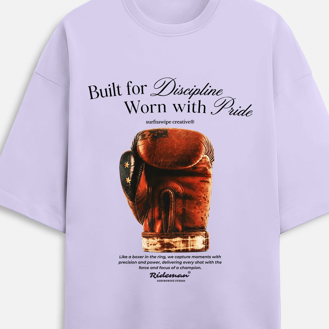Close-up of lavender Heritage Boxing Glove tee front print