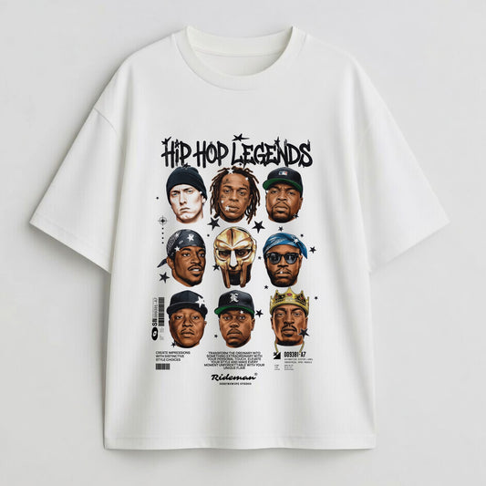 Flat lay White t-shirt with 'Hip Hop Legends' graphic on a light gray background