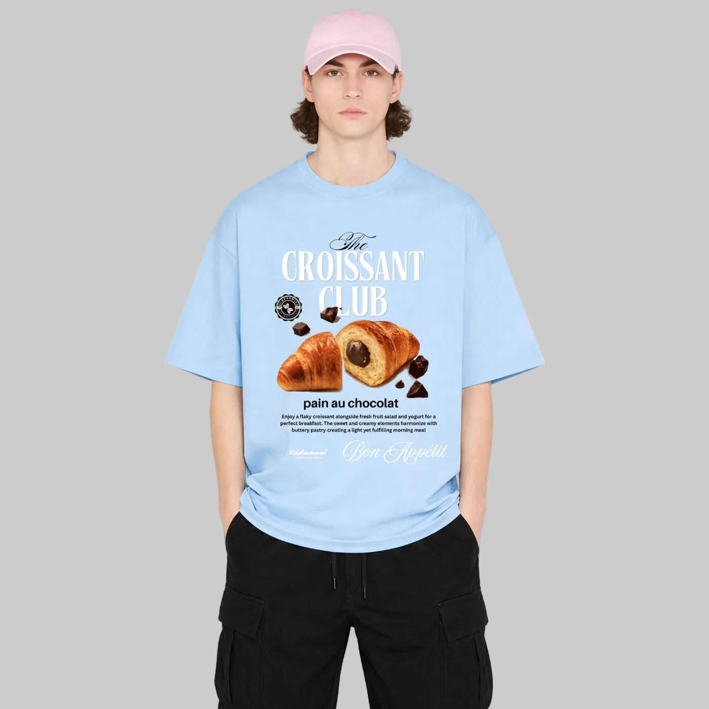 Croissant Club unisex oversized graphic tee in baby blue — drop shoulder 240 GSM cotton streetwear