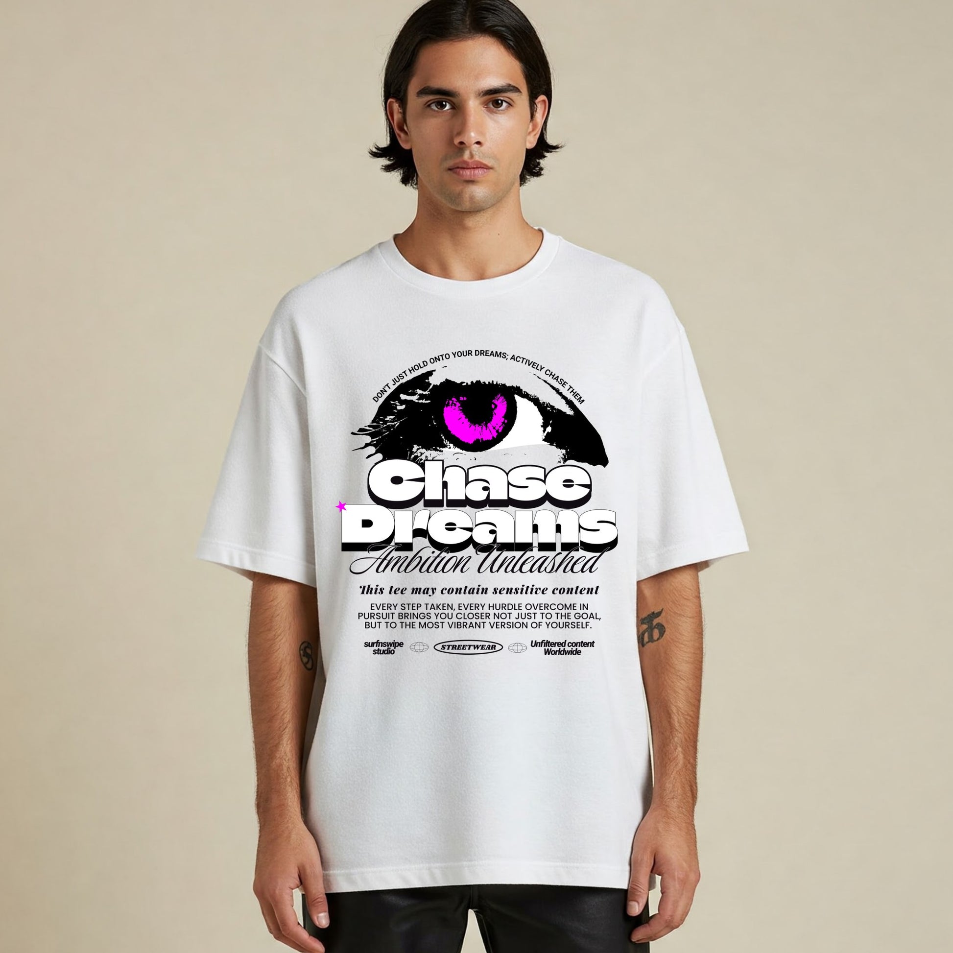 Model wearing the white Chase Dreams tee