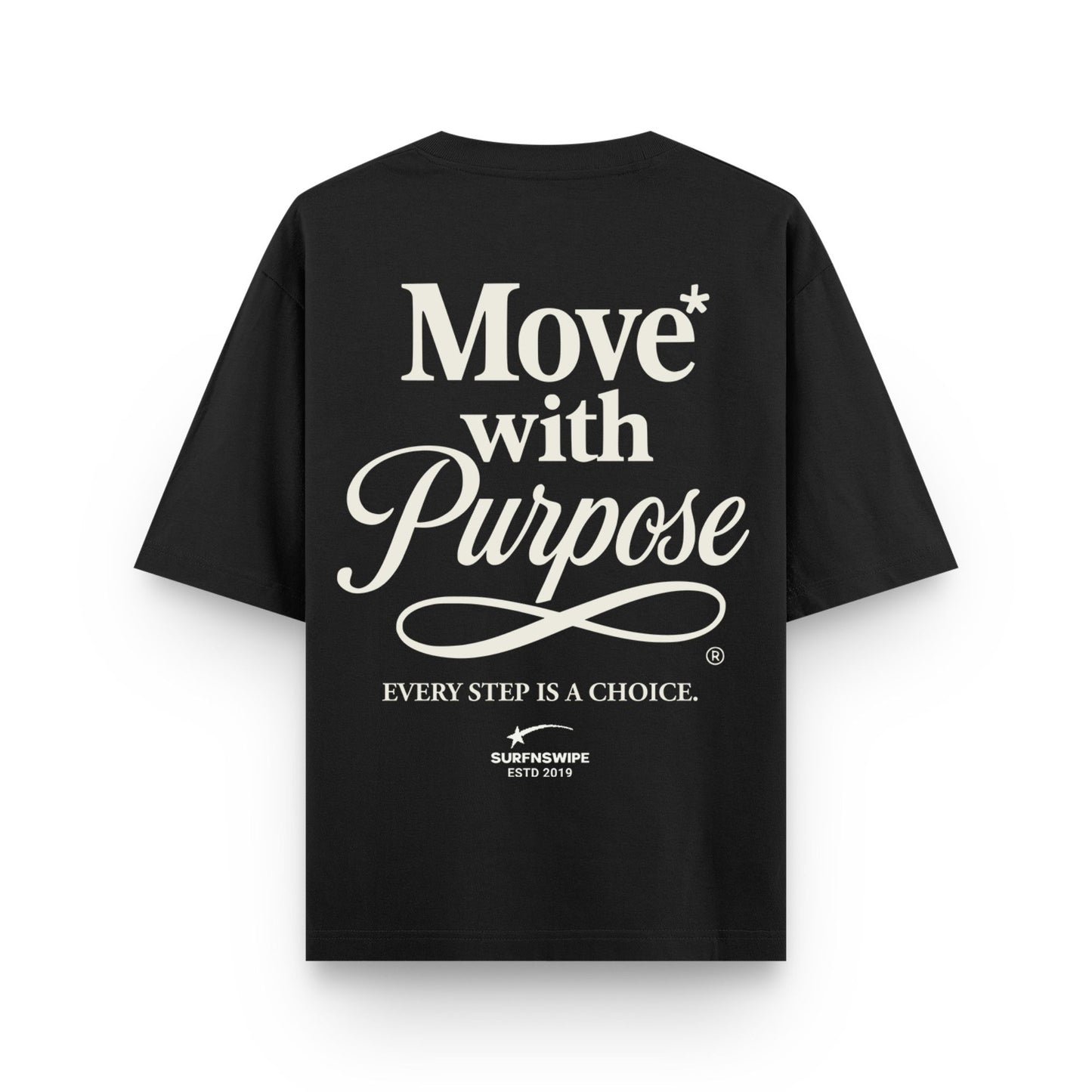 Black t-shirt with white text on a white background