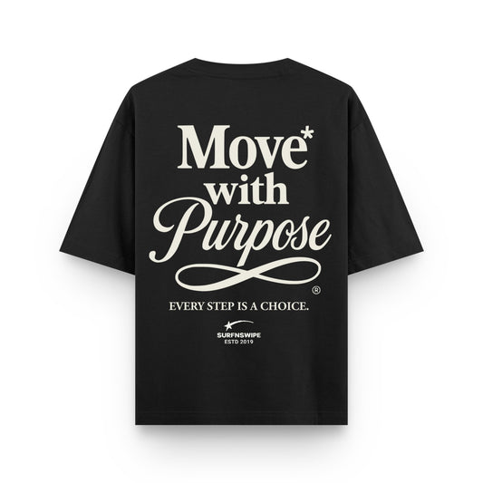 Black t-shirt with white text on a white background