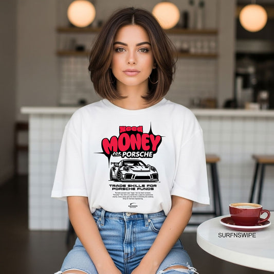 Woman wearing a white t-shirt with a graphic design in a casual setting