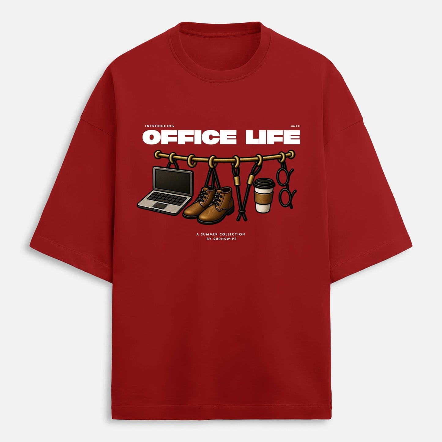 Red t-shirt with 'Office Life' graphic design on a white background