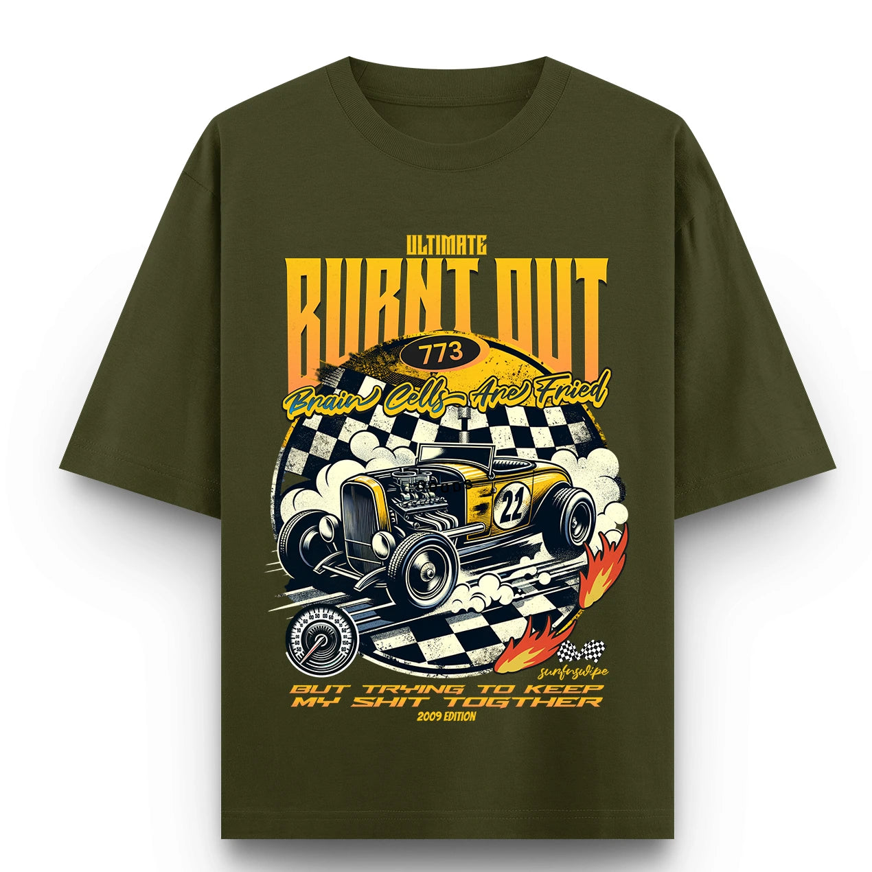 SURFNSWIPE Burnt Out Hot Rod oversized T-shirt in olive with bold yellow hot rod racing graphic and 'Ultimate Burnt Out' print