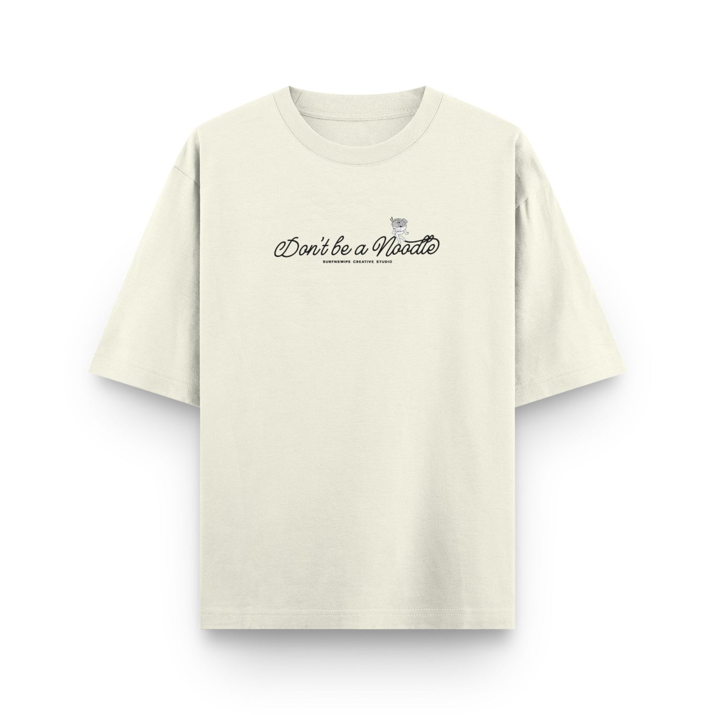 Beige t-shirt with text on a white background
