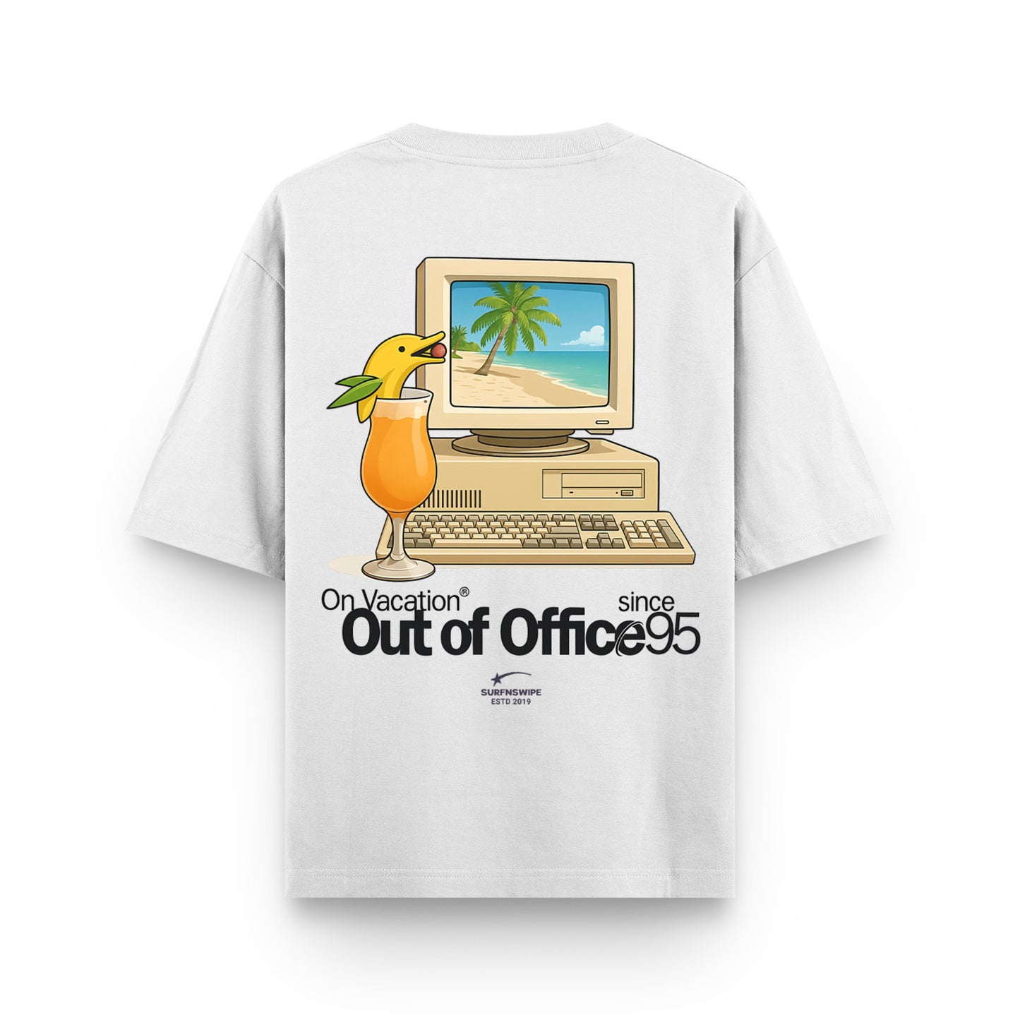 White t-shirt with a computer and duck graphic and text 'On Vacation Out of Office since 95' on a white background