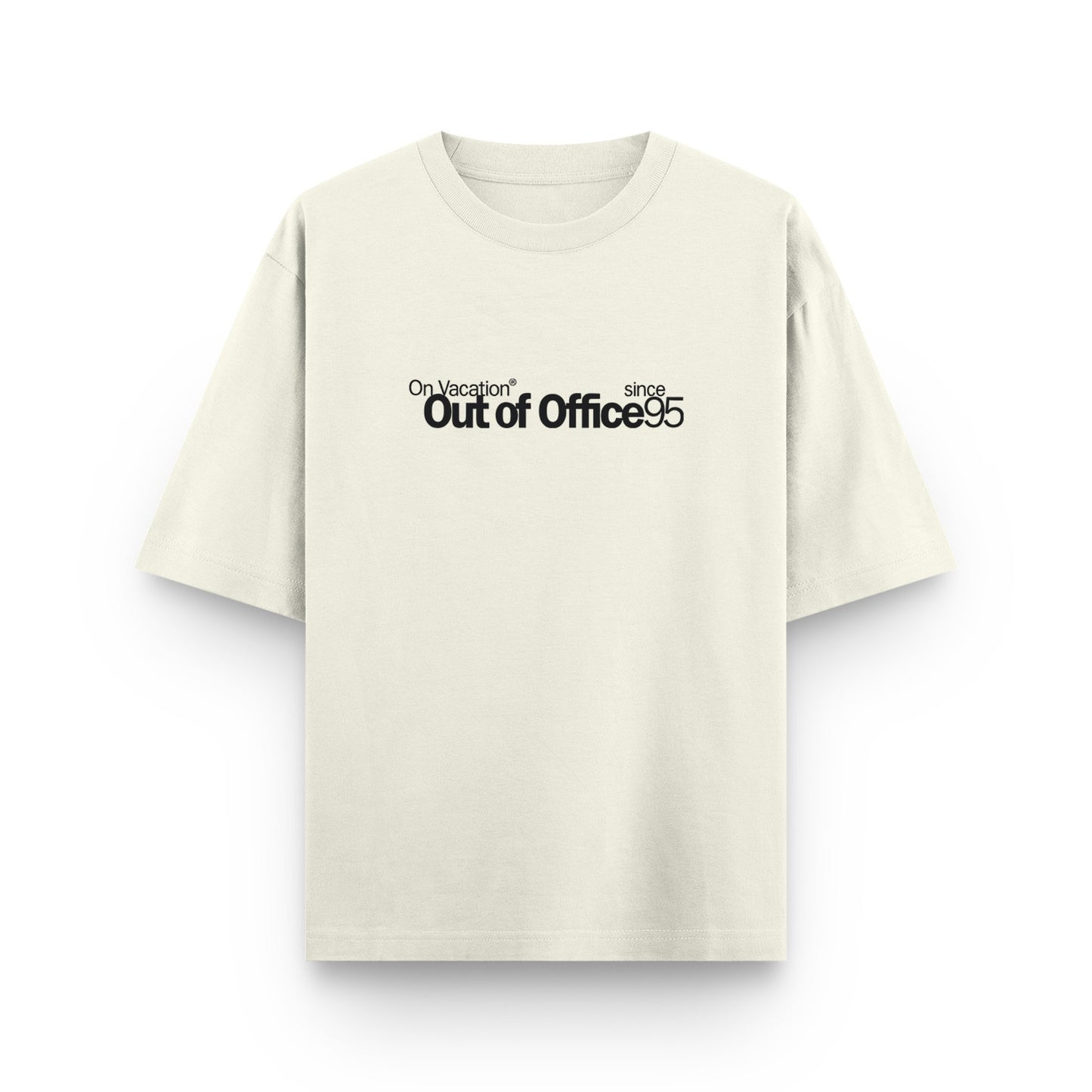 Beige t-shirt with black text on a white background
