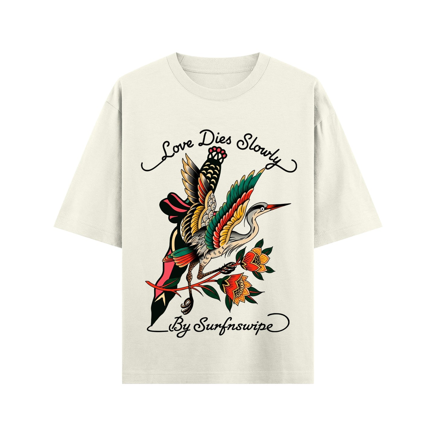 White t-shirt with colorful bird graphic and text on a white background