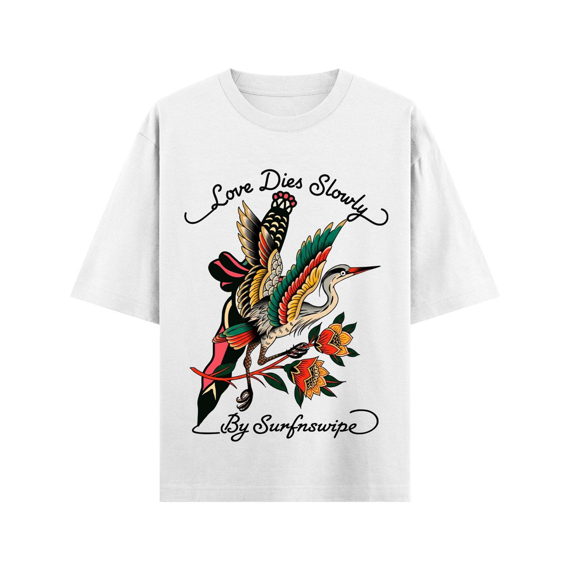 White t-shirt with a colorful bird design and text on a white background