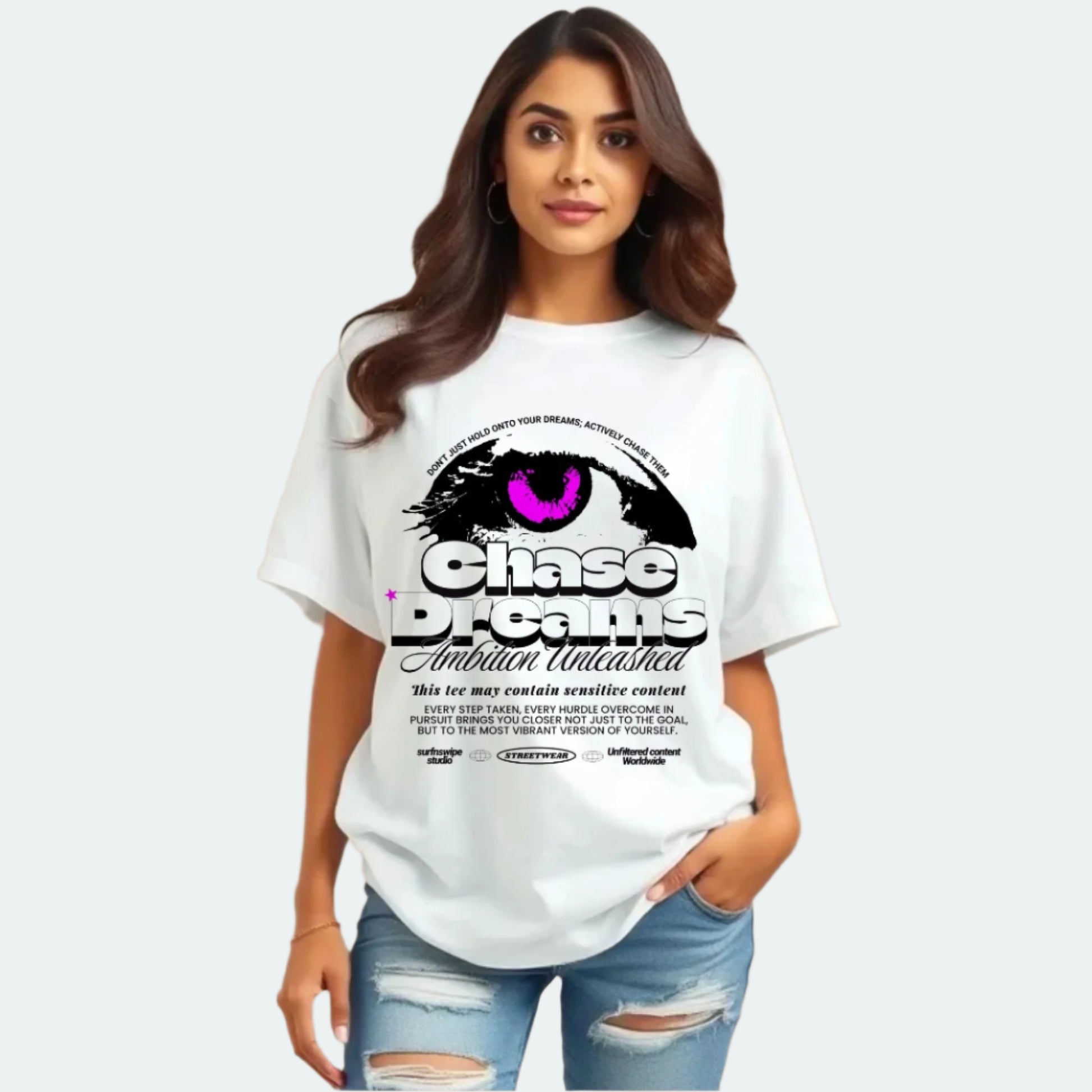 Model wearing the white Chase Dreams tee