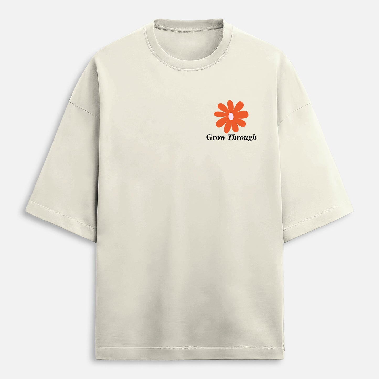 Beige t-shirt with an orange flower and text on a white background
