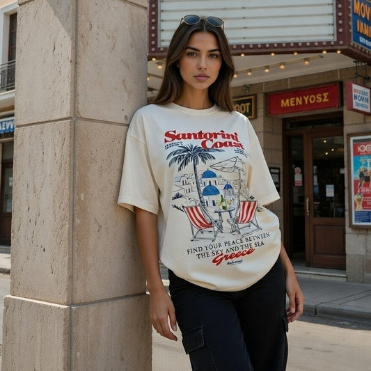 Woman wearing a 'Santorini Coast' t-shirt leaning against a stone wall in an urban setting.