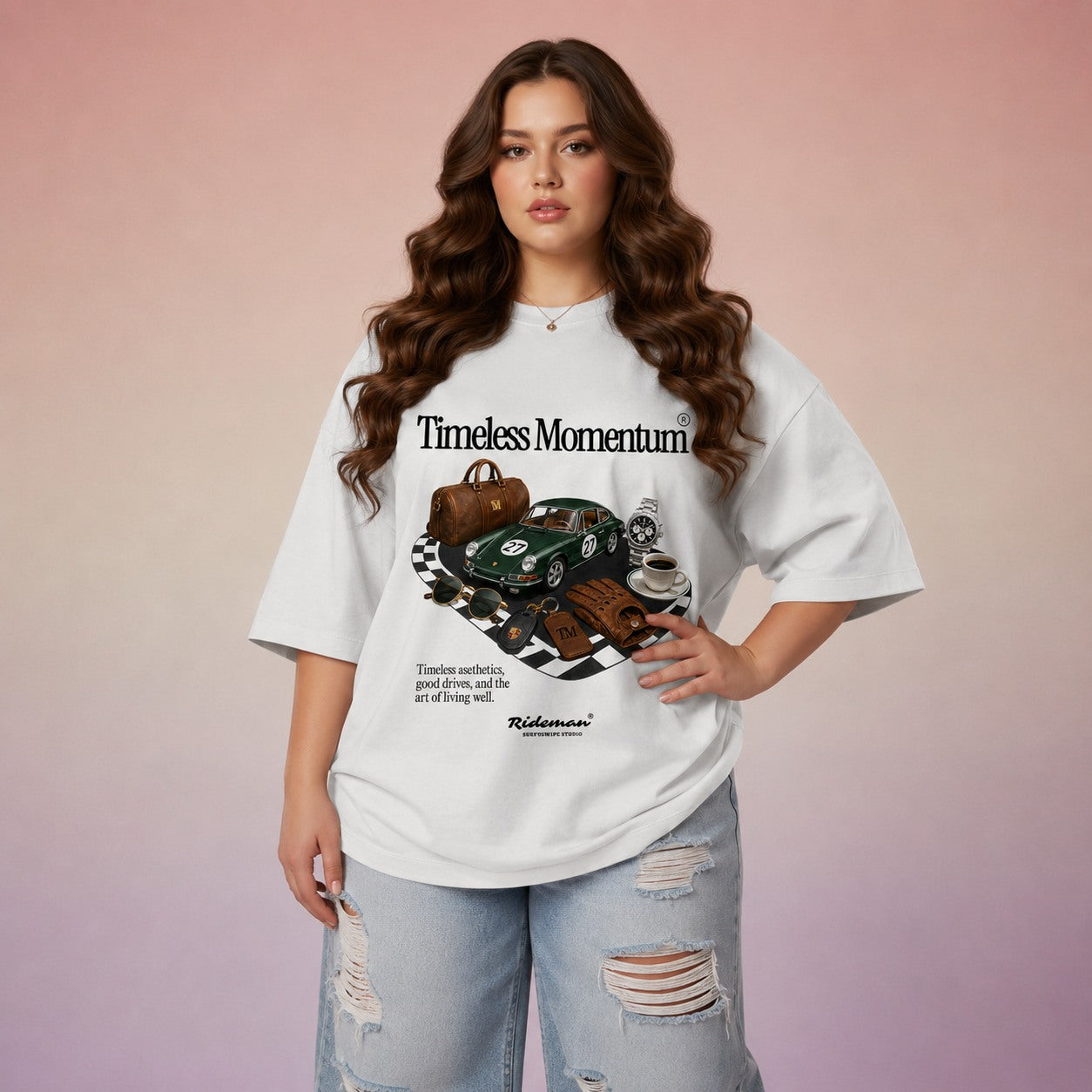 Woman wearing a white t-shirt with 'Timeless Momentum' graphic design on a gradient background