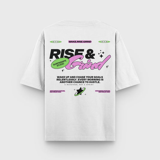 White T-shirt with "Rise & Grind" graphic