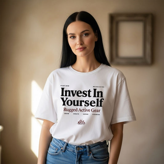 Woman wearing a white t-shirt with motivational text in a room.