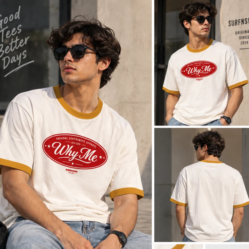 Close-up of yellow oval Why Me vintage graphic print on off-white ringer tee