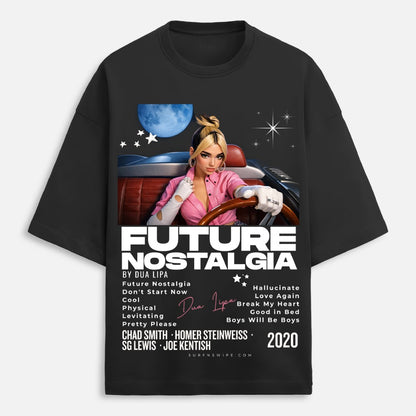 Black t-shirt with a graphic design featuring a person in a car and text on a white background