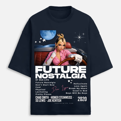 Navy blue t-shirt with a graphic of a woman in a car and album tracklist on a white background