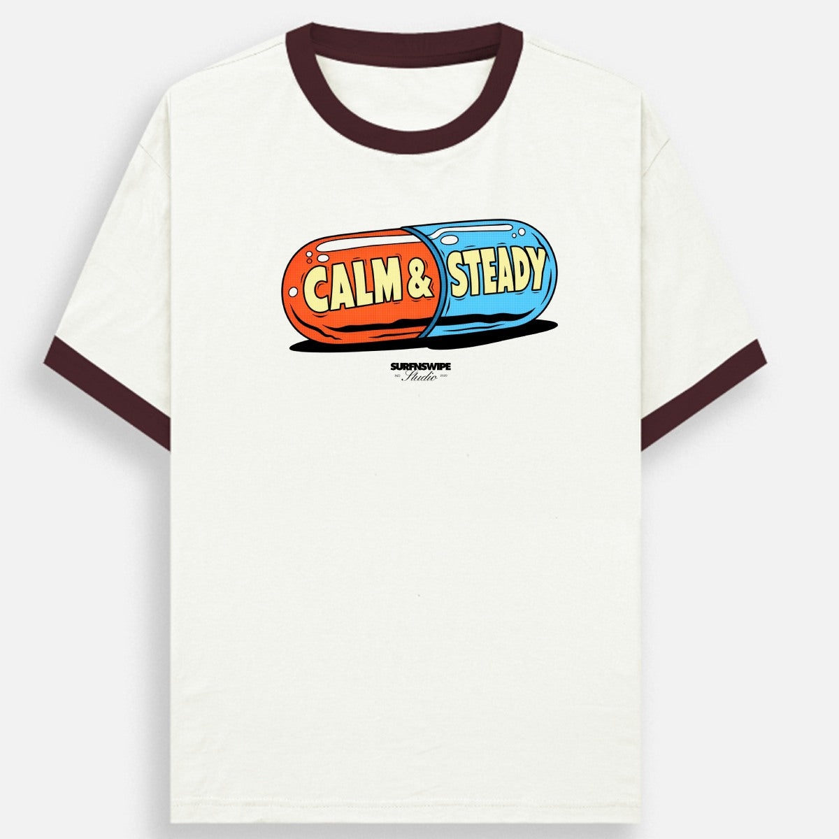 White t-shirt with 'Calm & Steady' graphic design on a white background