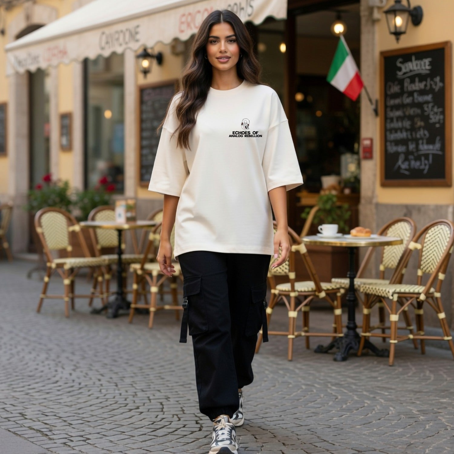Woman walking on a street with an Italian cafe in the background