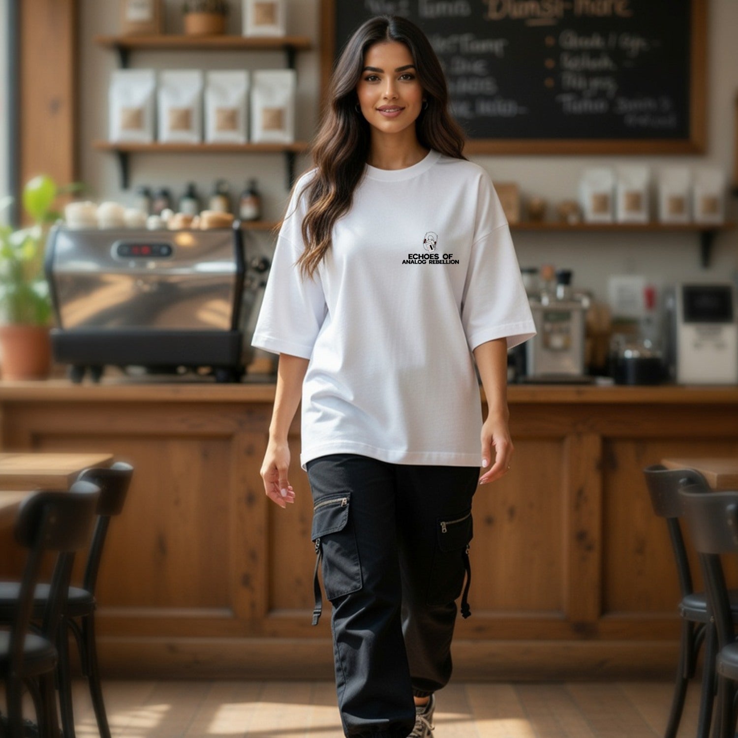 Woman wearing a white t-shirt with a logo in a coffee shop setting