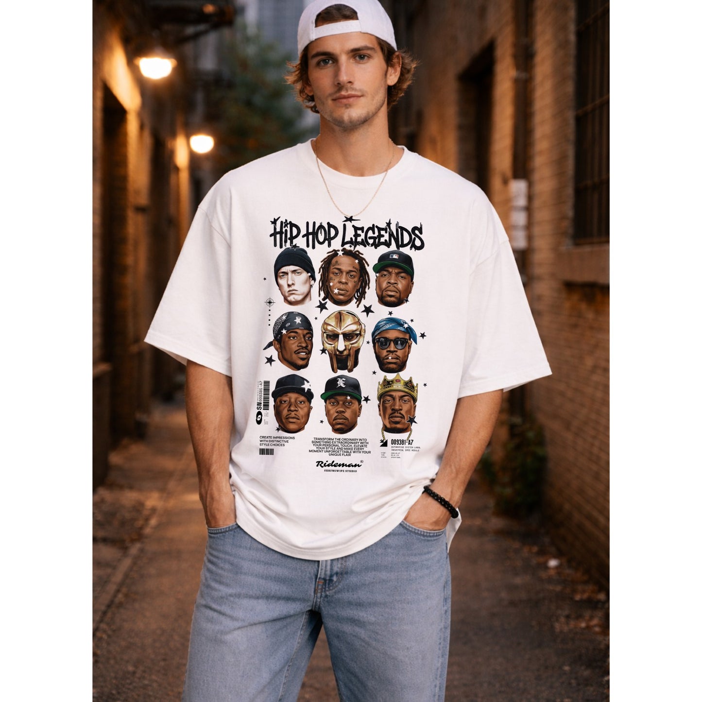 Person wearing a white t-shirt with 'Hip Hop Legends' graphic design outdoors.