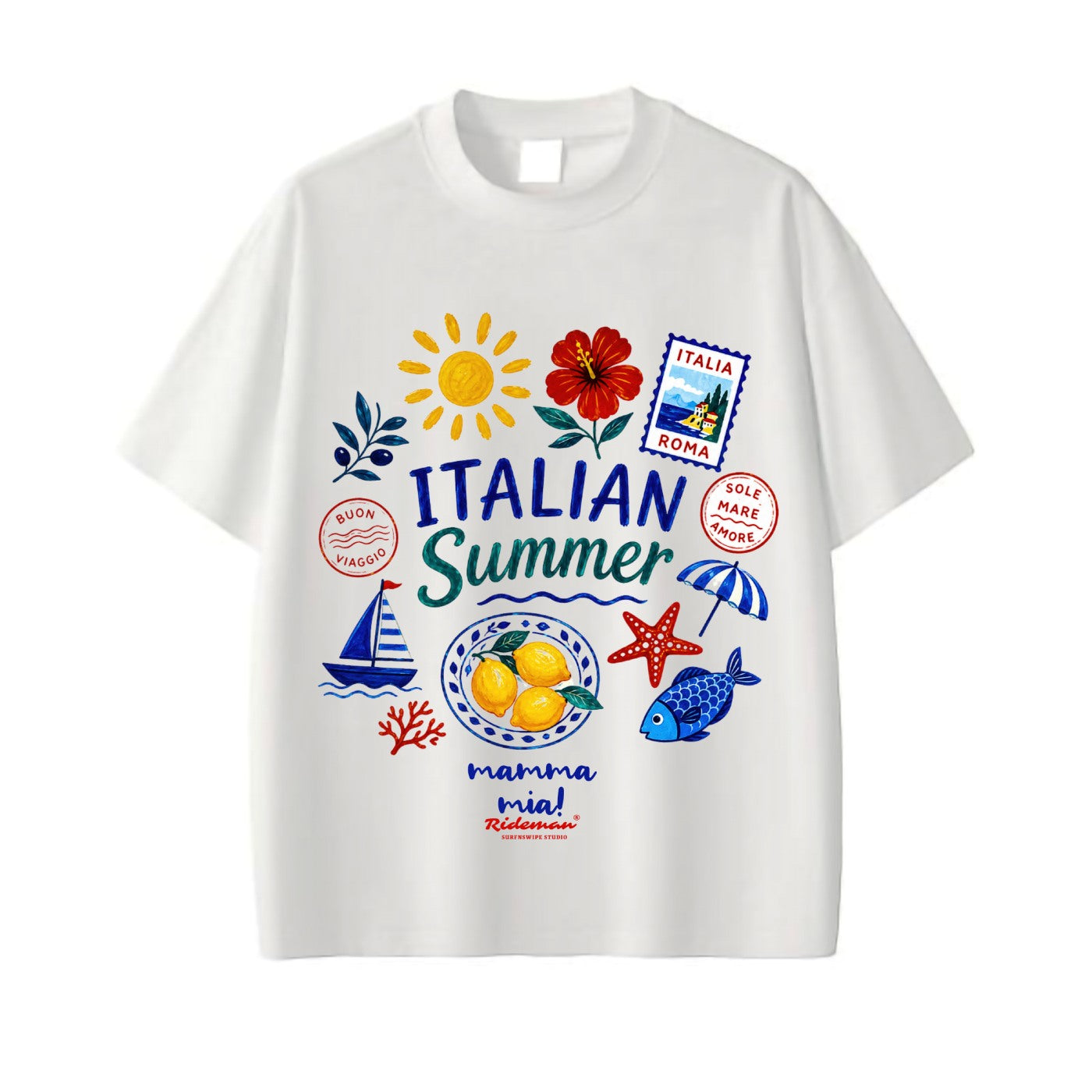 White t-shirt with colorful Italian-themed graphics on a white background