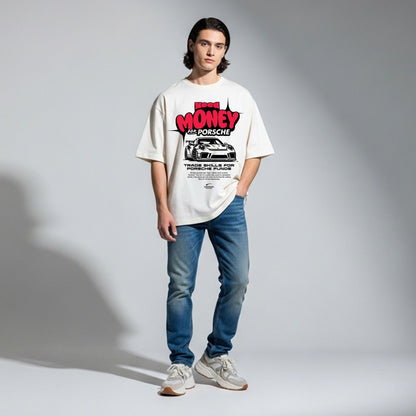 Person wearing a white t-shirt with a graphic design on a gray background