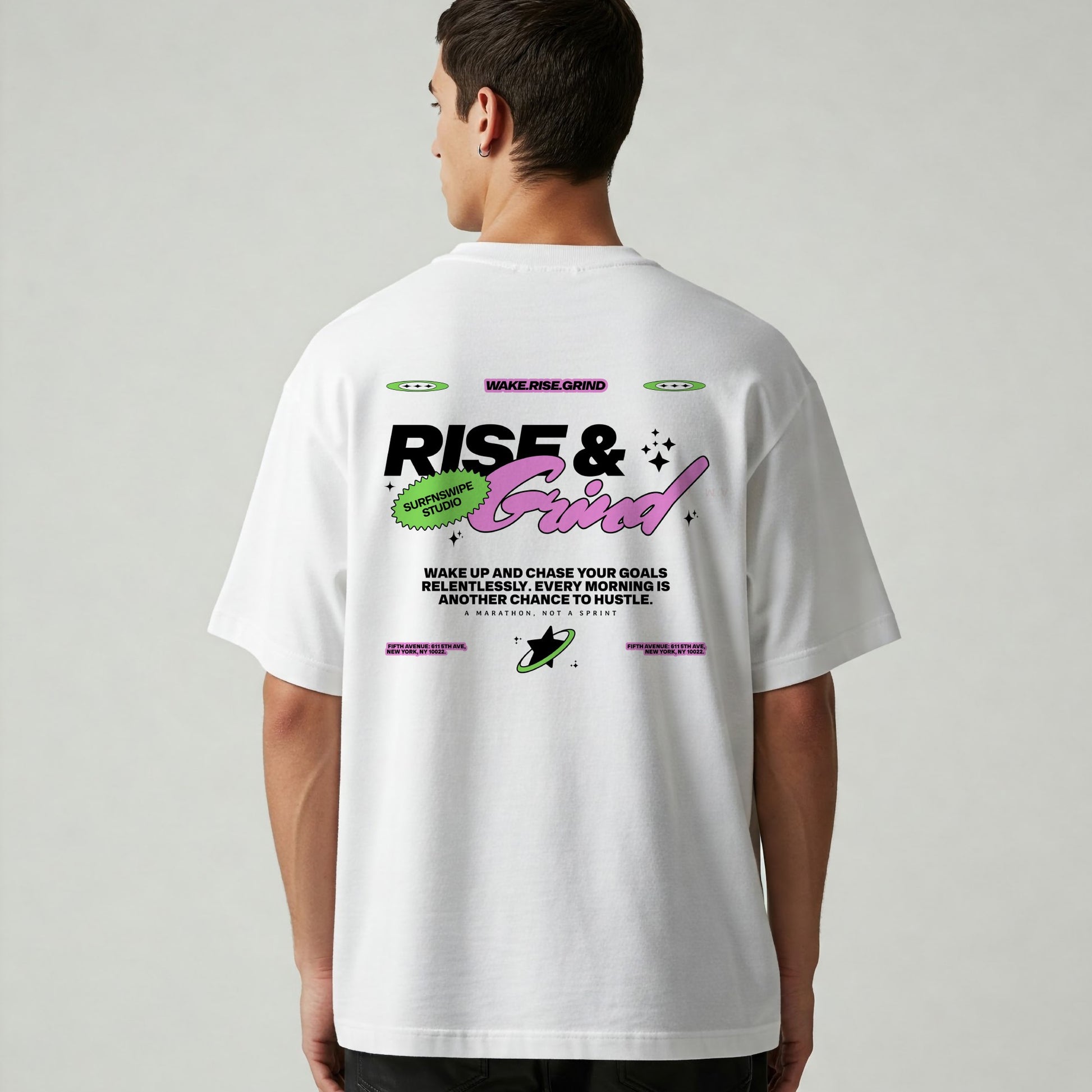  T-shirt with "Rise & Grind" graphic