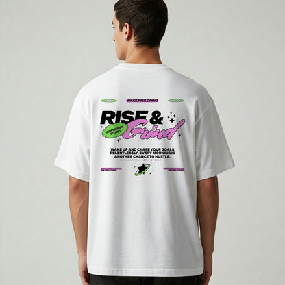  T-shirt with "Rise & Grind" graphic
