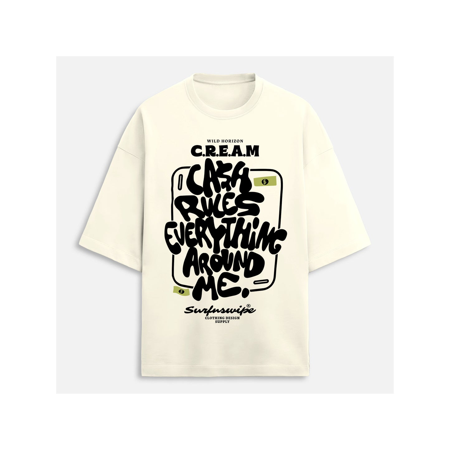 Beige t-shirt with black graphic and text on a light gray background