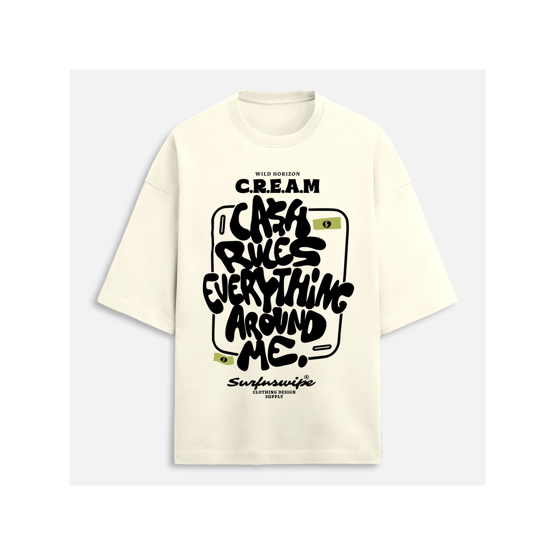 Beige t-shirt with black graphic and text on a light gray background