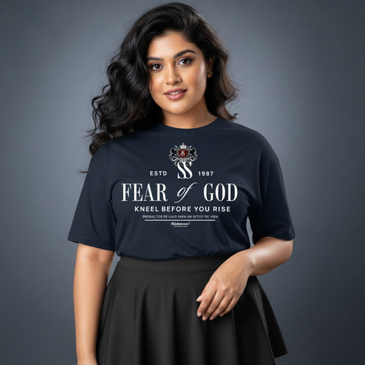 Woman wearing a black t-shirt with 'Fear of God' text and logo on a gray background