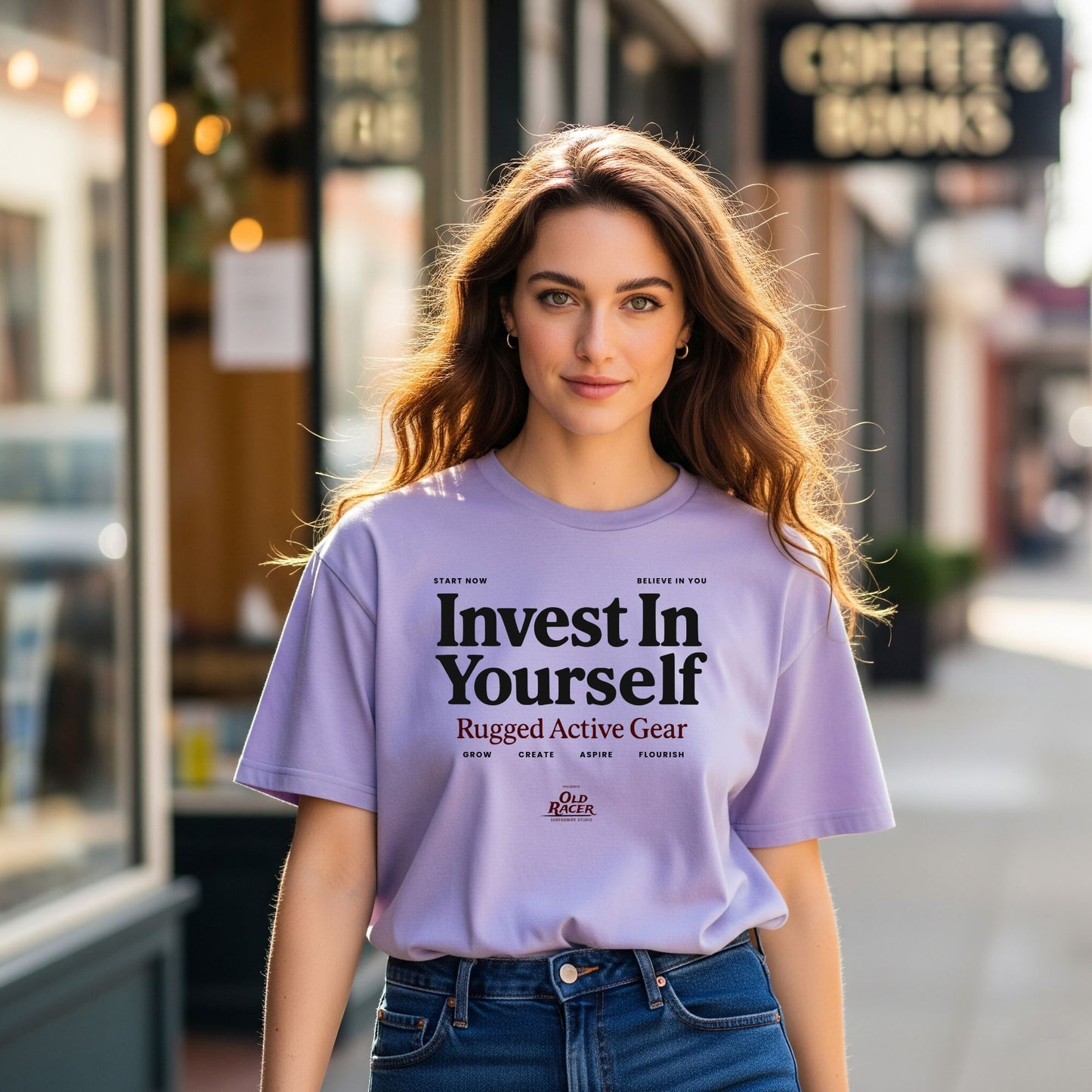 Woman wearing a purple t-shirt with 'Invest In Yourself' text on a city street.