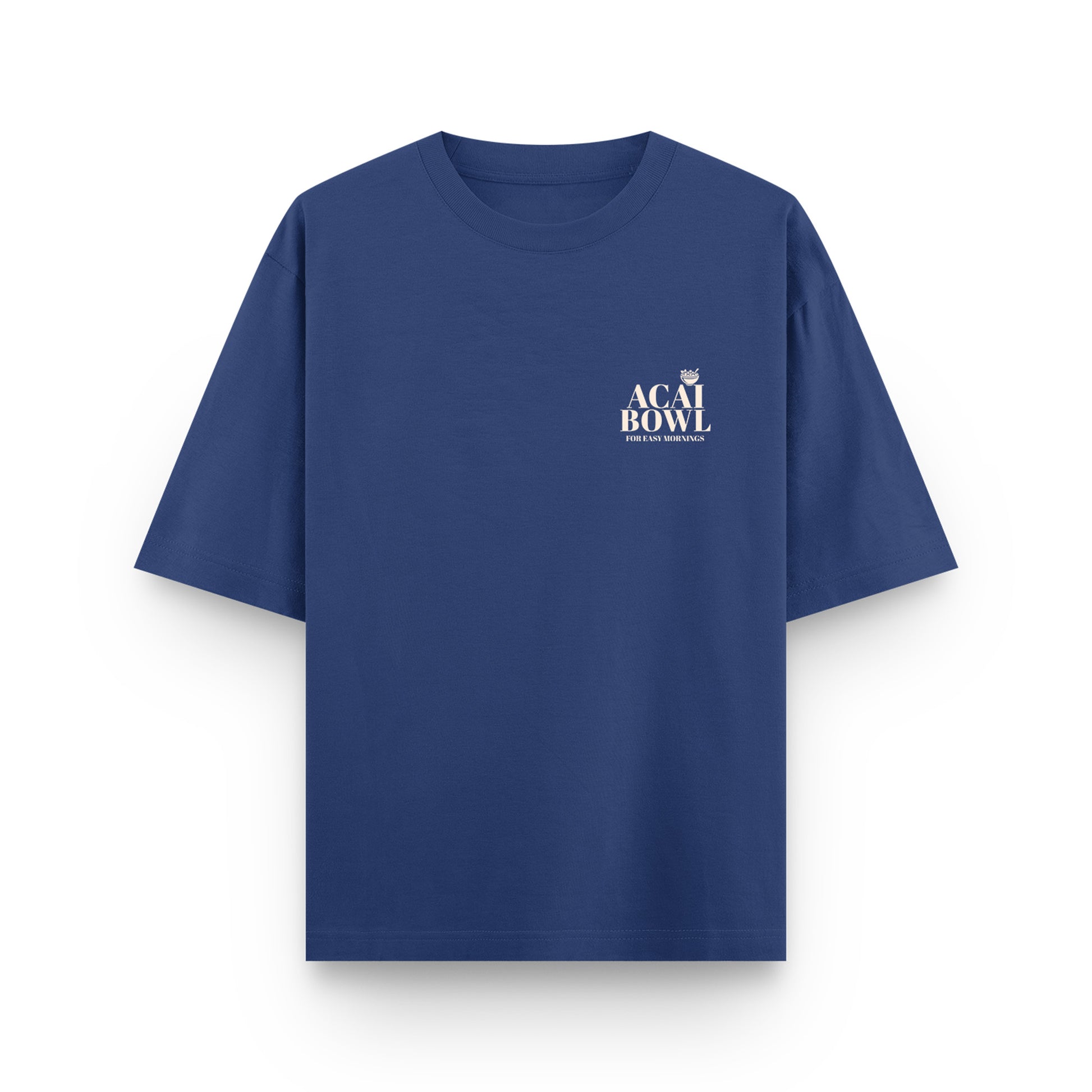 Blue t-shirt with 'Acai Bowl' logo on a white background