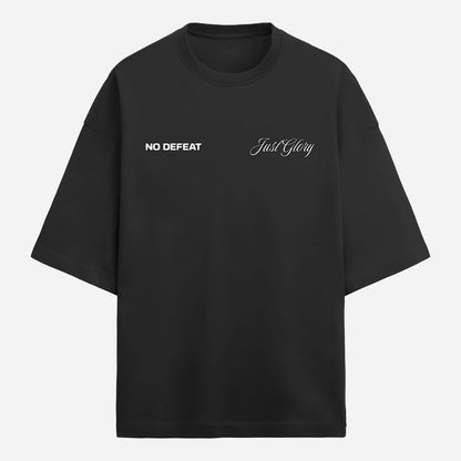 Black t-shirt with 'NO DEFEAT' and 'Just Glory' text on a white background