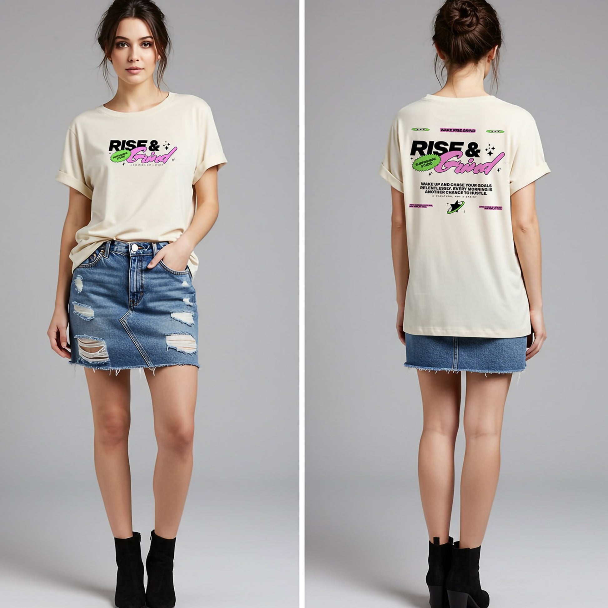  T-shirt with "Rise & Grind" graphic