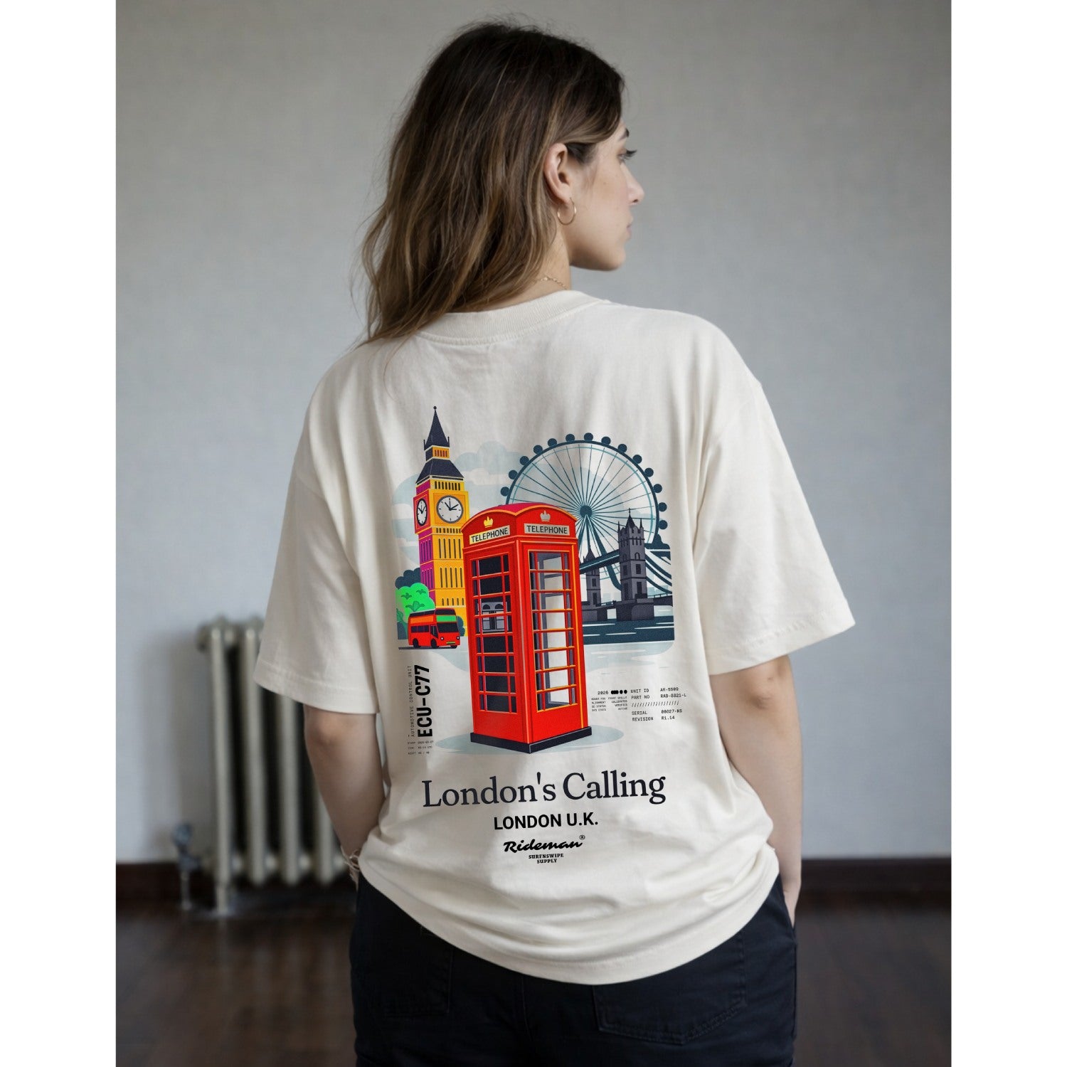 Person wearing a t-shirt with London-themed design