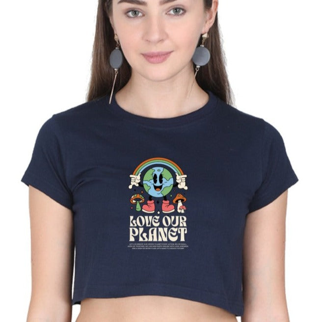 Love Our Planet Printed  Round neck Cotton Crop Top