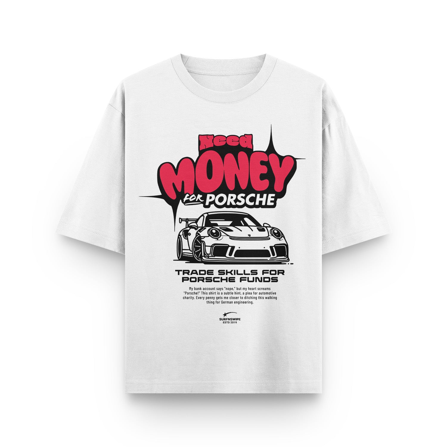 White t-shirt with Porsche graphic and text on a white background
