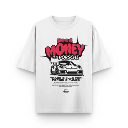 White t-shirt with Porsche graphic and text on a white background