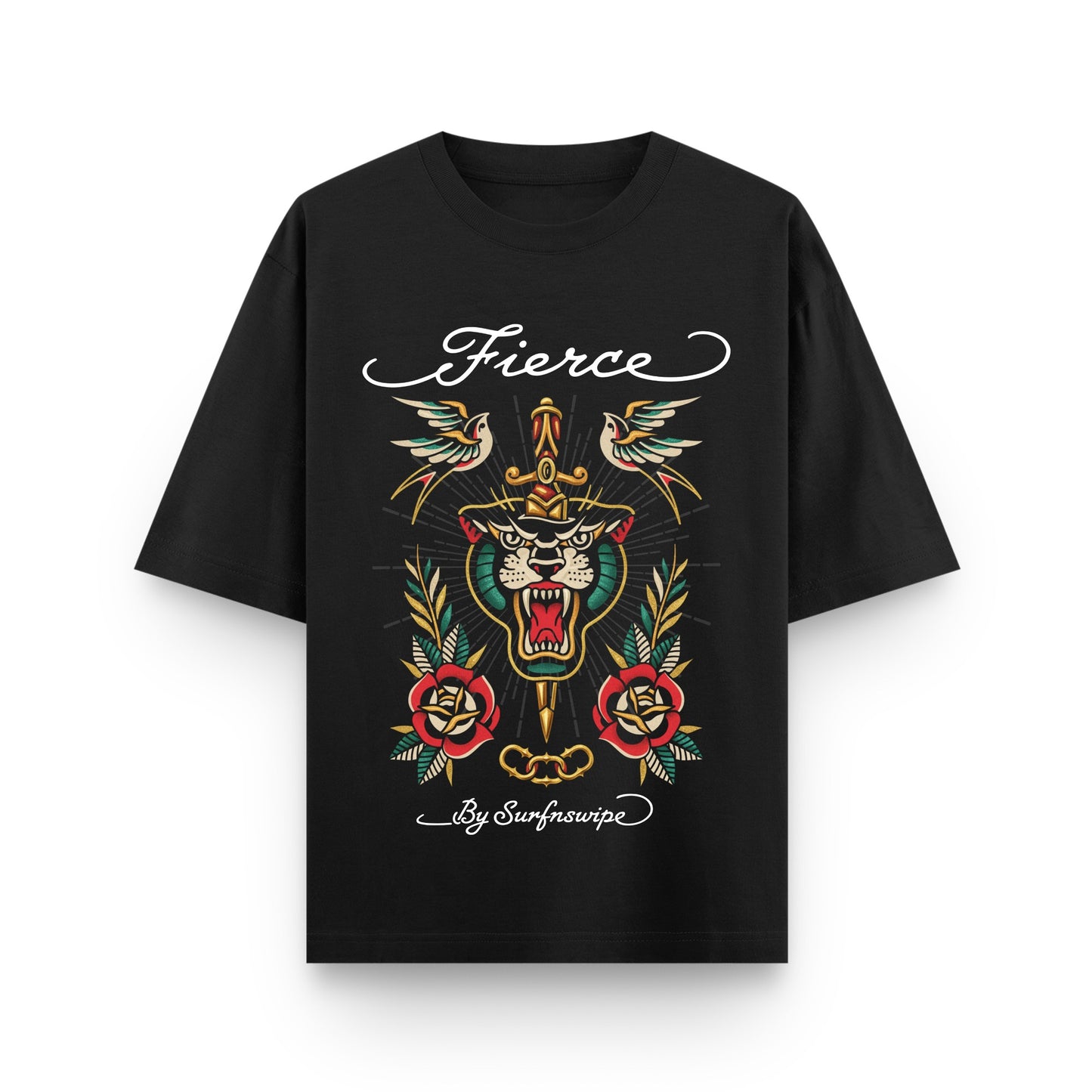 Black t-shirt with a fierce design and 'Fierce' text on a white background